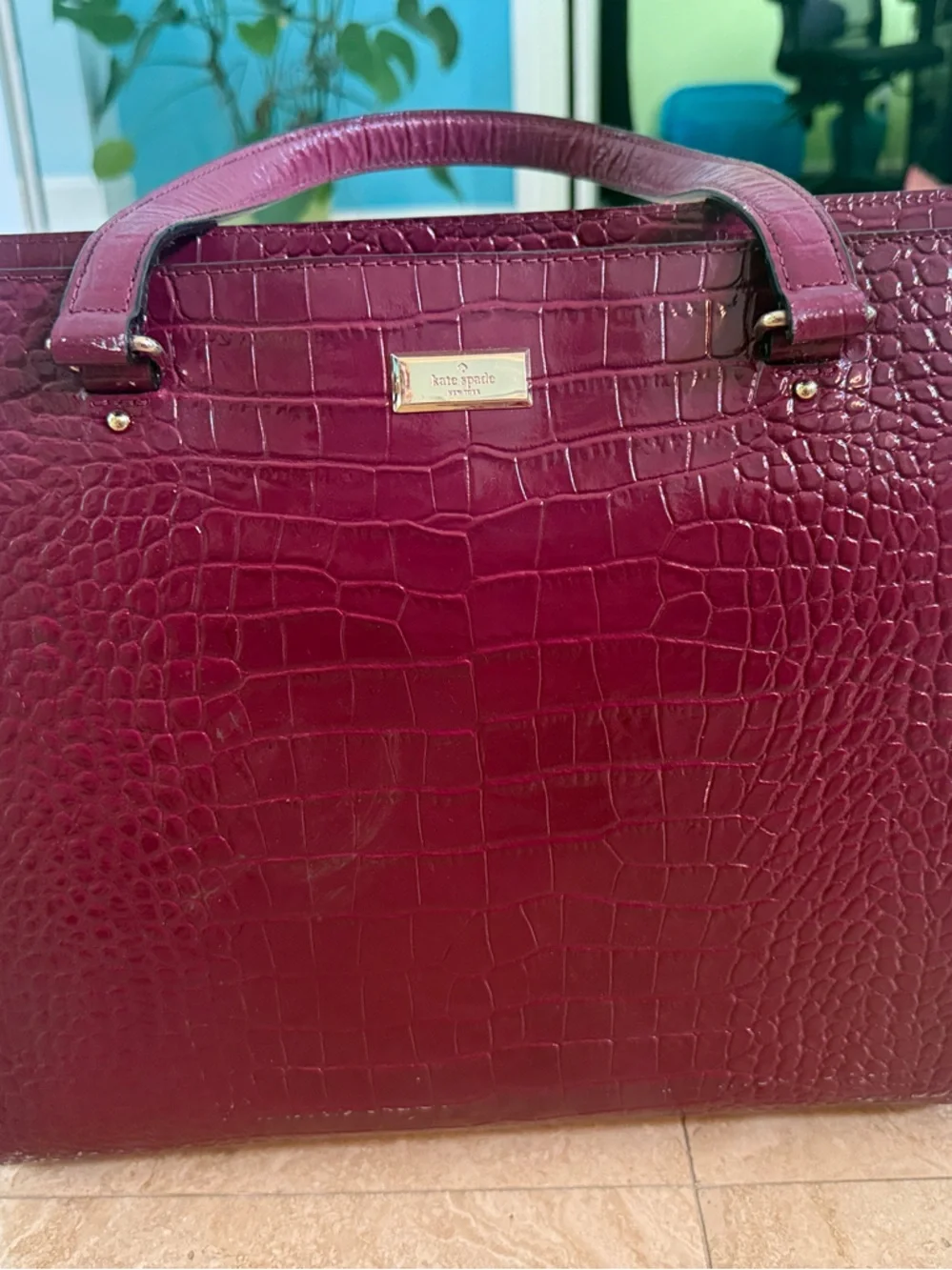 kate spade Croc-Embossed Deep Wine Tote minor scuffing see photos